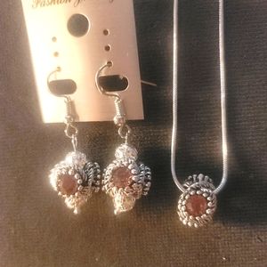JEWELRY SET OF AMETHYST  RHINESTONE SILVER ETCHED EARRINGS &PENDANT 24"CHAIN